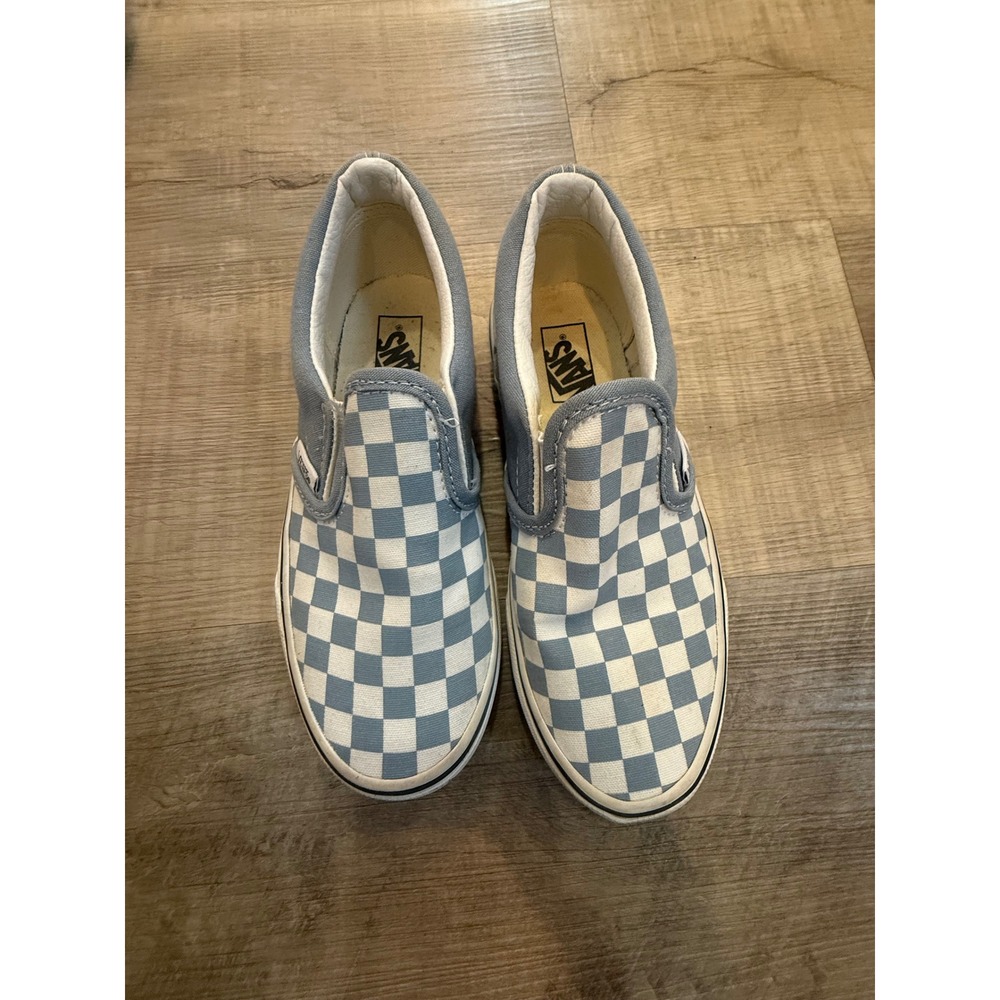 Vans Kids Slip-On Checkerboard Sneakers in Light Blue and White
